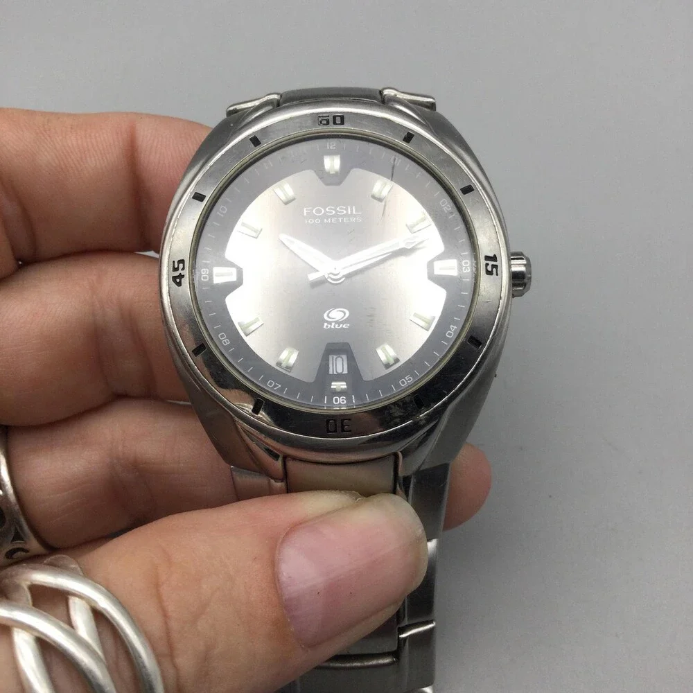 Fossil Blue AM-3752 Mens Watch 40mm Silver Dial Stainless Date New Battery 7.75